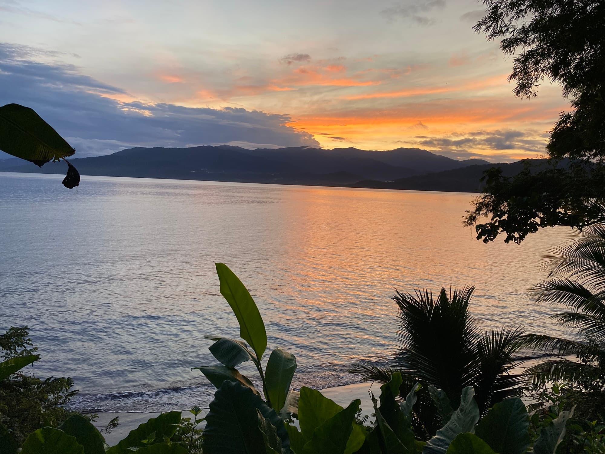 A serene sunset over calm waters, framed by lush greenery and distant mountains.